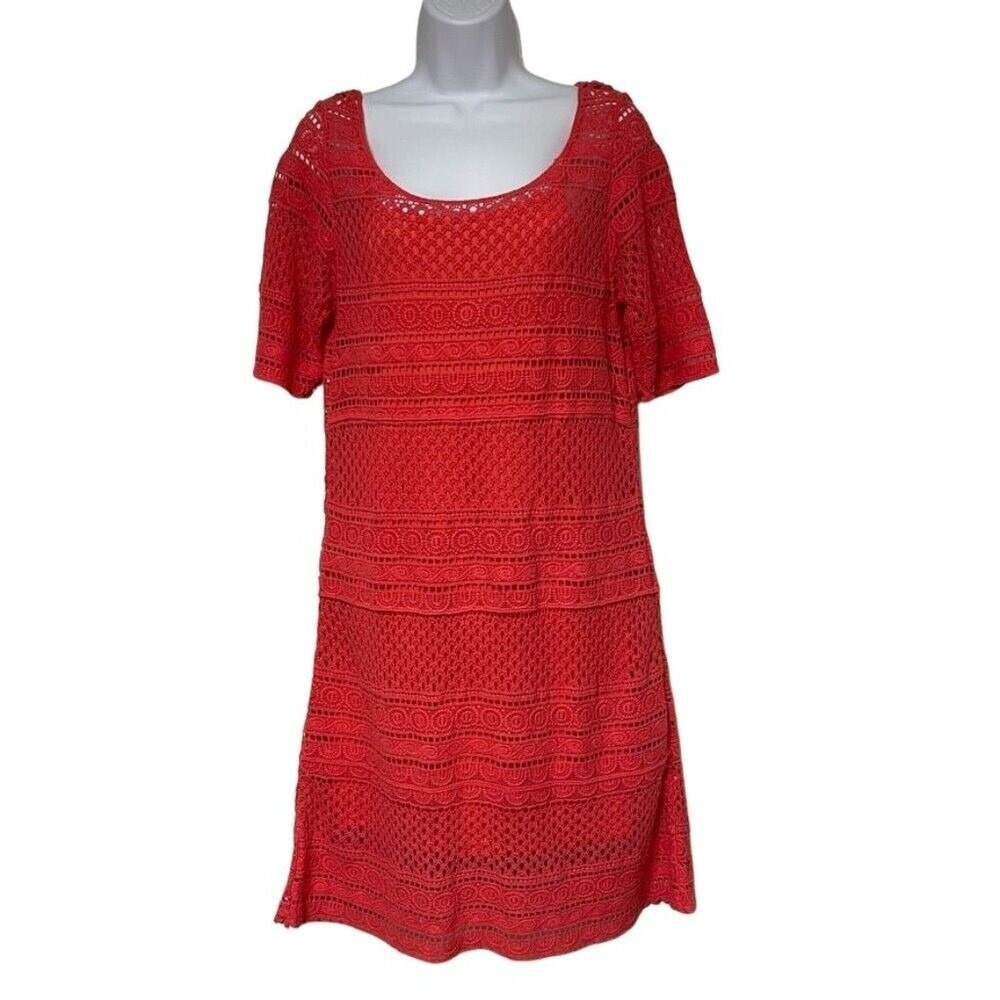Solitaire Coral‎ Red Crochet Lace Shift Dress Short Sleeve Size S 12-1935